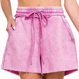 NWT Ladies Mauve Acid Wash Fleece Drawstring Shorts with Pockets - Small Large